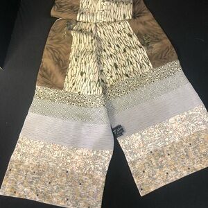 Kimono Scarf Vintage T.Camey 10x60 100% Silk Patchwork Earth Tones Boho Wrap Art